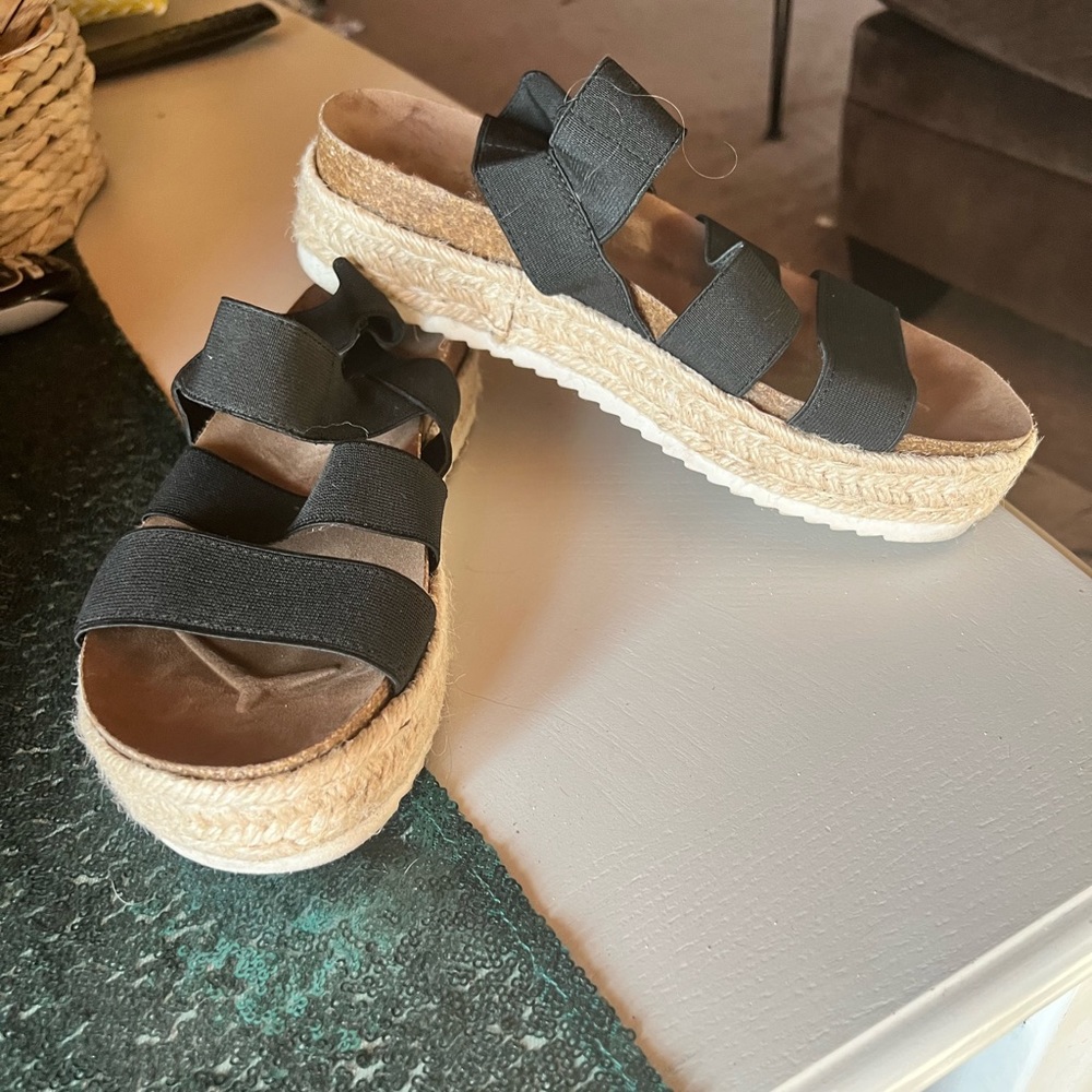Madden Girl brand espadrille sandals with three straps.